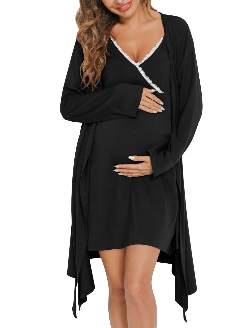 SWOMOG Womens Maternity Robe 2 Piece Nursing Nightgown for Breastfeeding 3 in 1 Labor Delivery Nursing Dress Lace Bathrobe