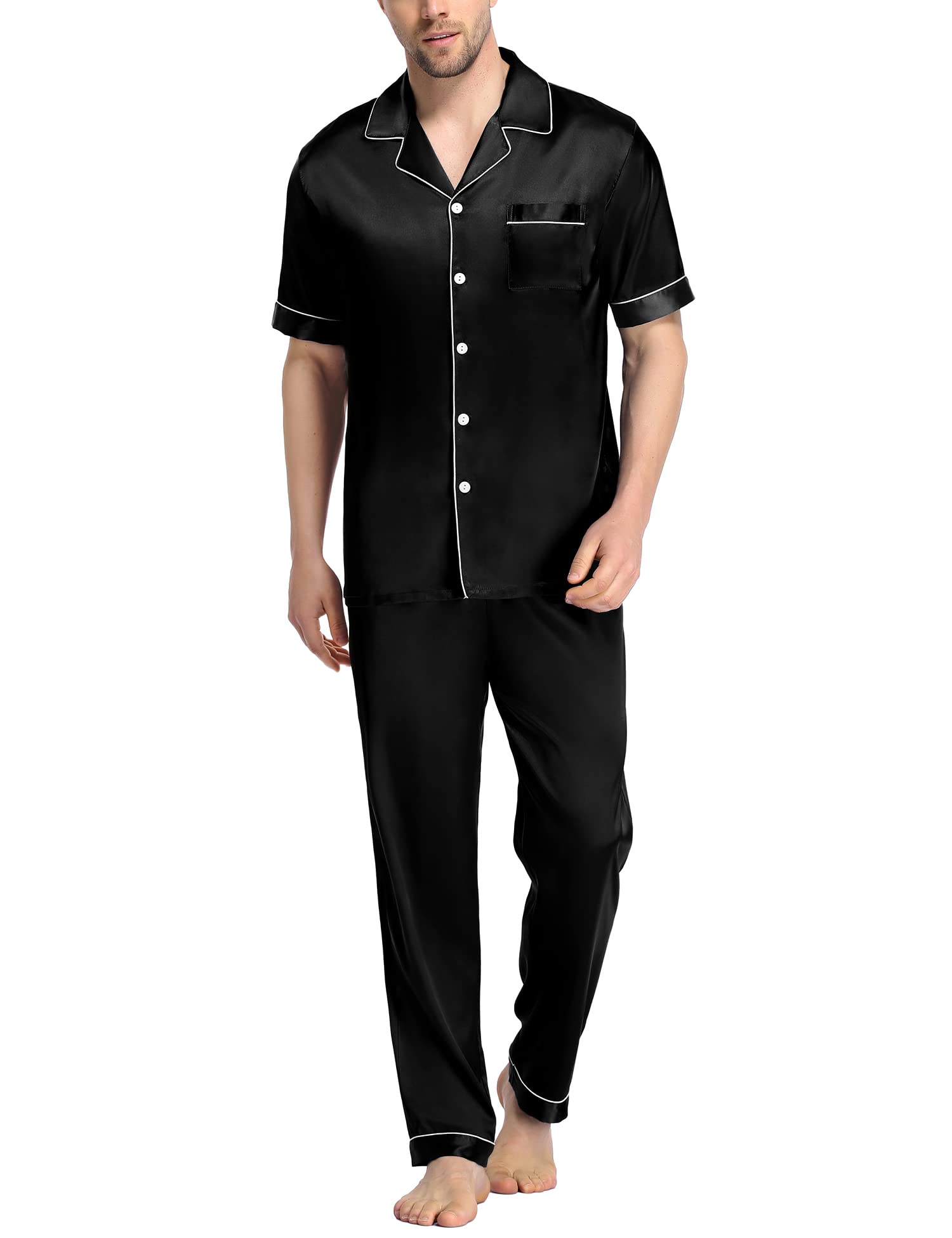 SWOMOG Men's Silk Satin Pajama Set Short Sleeve Classic Sleepwear Button Down Loungewear with Long Pants
