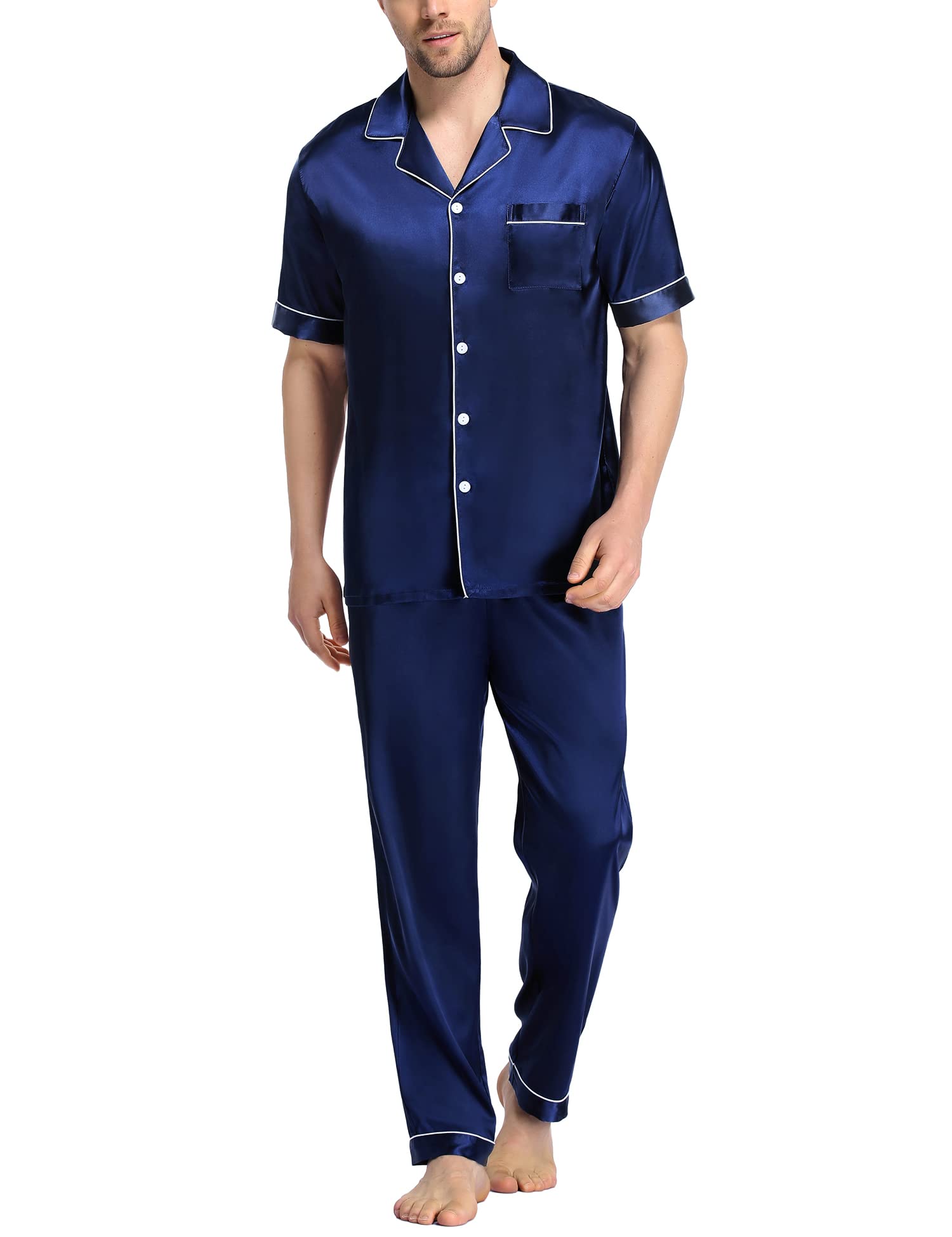 SWOMOG Men's Silk Satin Pajama Set Short Sleeve Classic Sleepwear Button Down Loungewear with Long Pants
