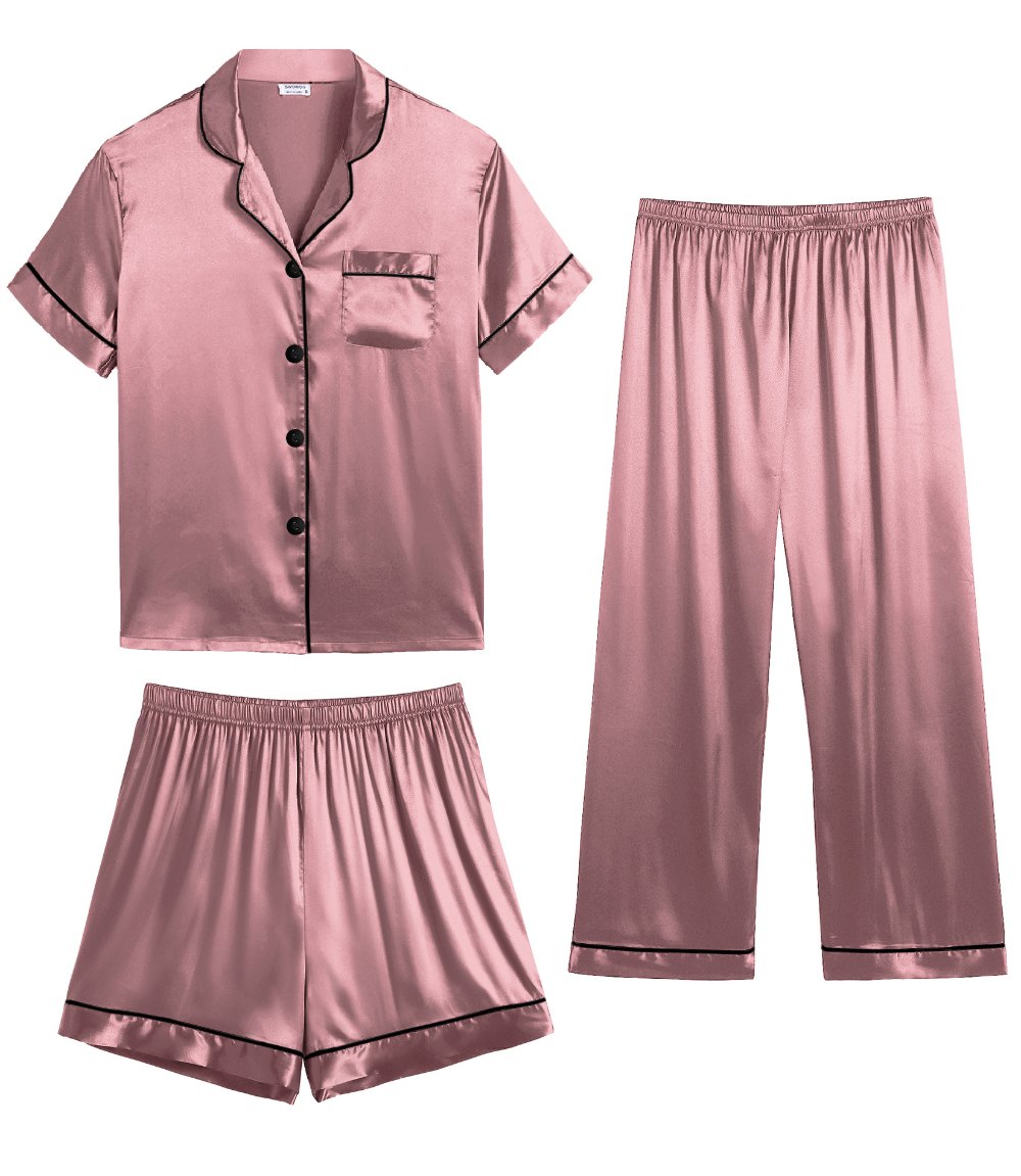 SWOMOG 3 pcs Kids Girls Boys Satin Pajamas Set Silk Button-Down PJs Sets Soft Lounge Sets Short Sleeve Sleepwear