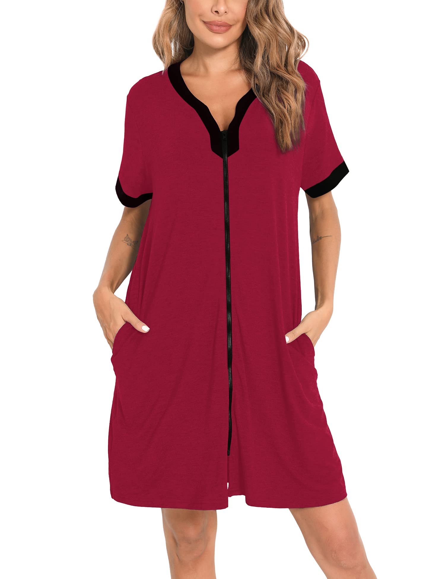 SWOMOG Women Zipper Front House Coat Short Sleeves Robe Zip up Bathrobes Short Nightgown with Pockets
