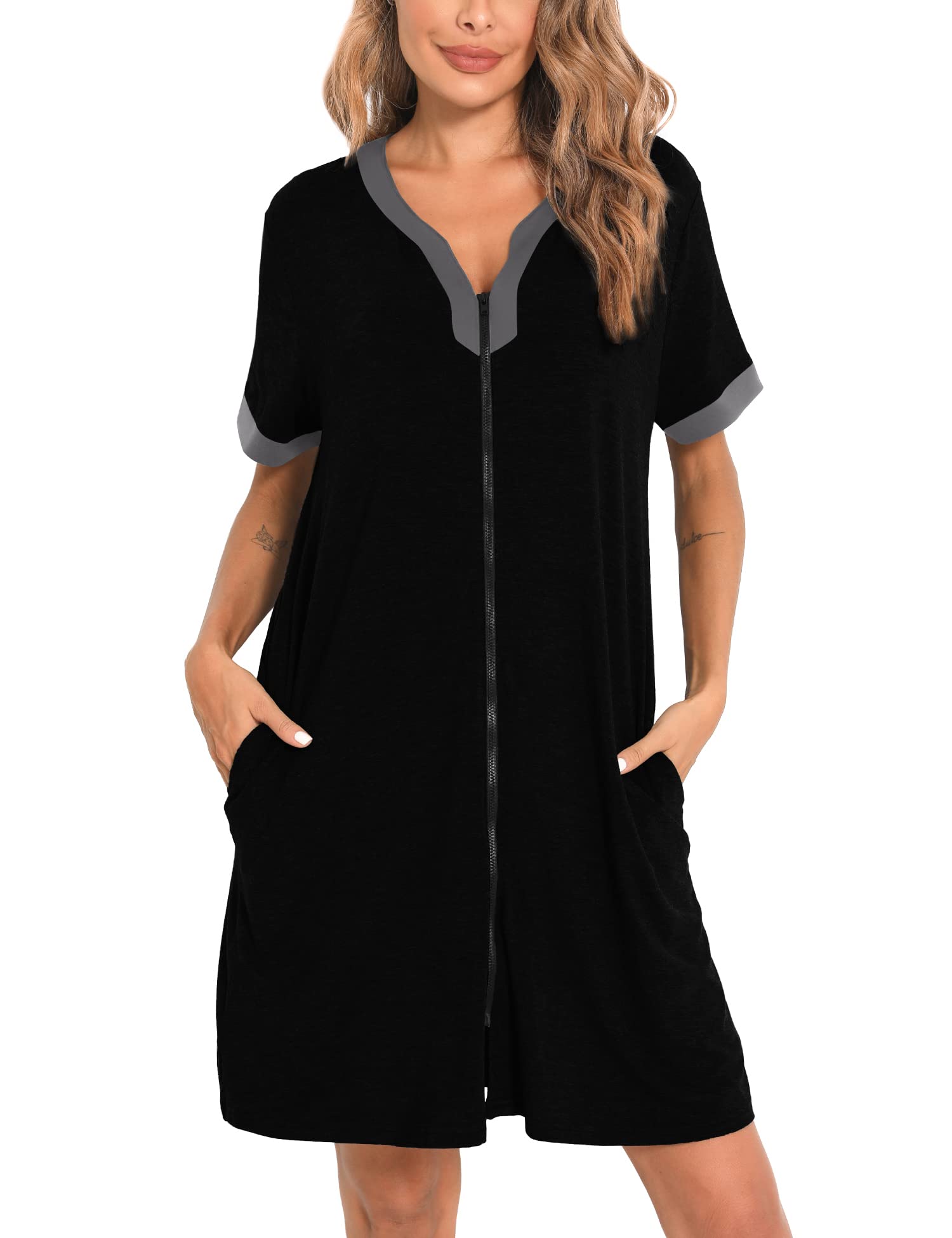 SWOMOG Women Zipper Front House Coat Short Sleeves Robe Zip up Bathrobes Short Nightgown with Pockets
