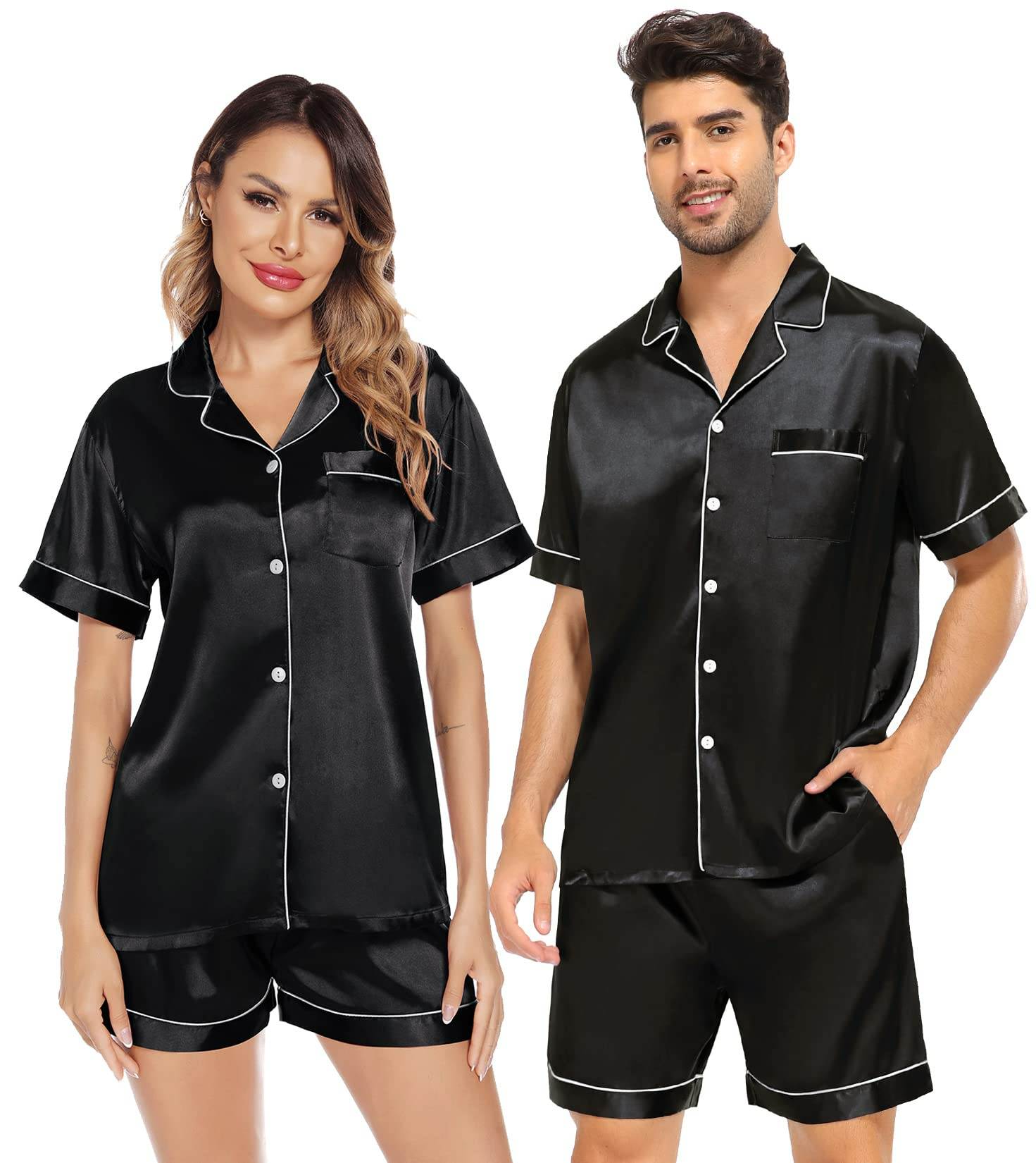 SWOMOG Satin Matching Pajamas Sets Couple Silk Button Down Nightwear Short Sleeve Sleepwear 2 Pieces Loungewear with Shorts