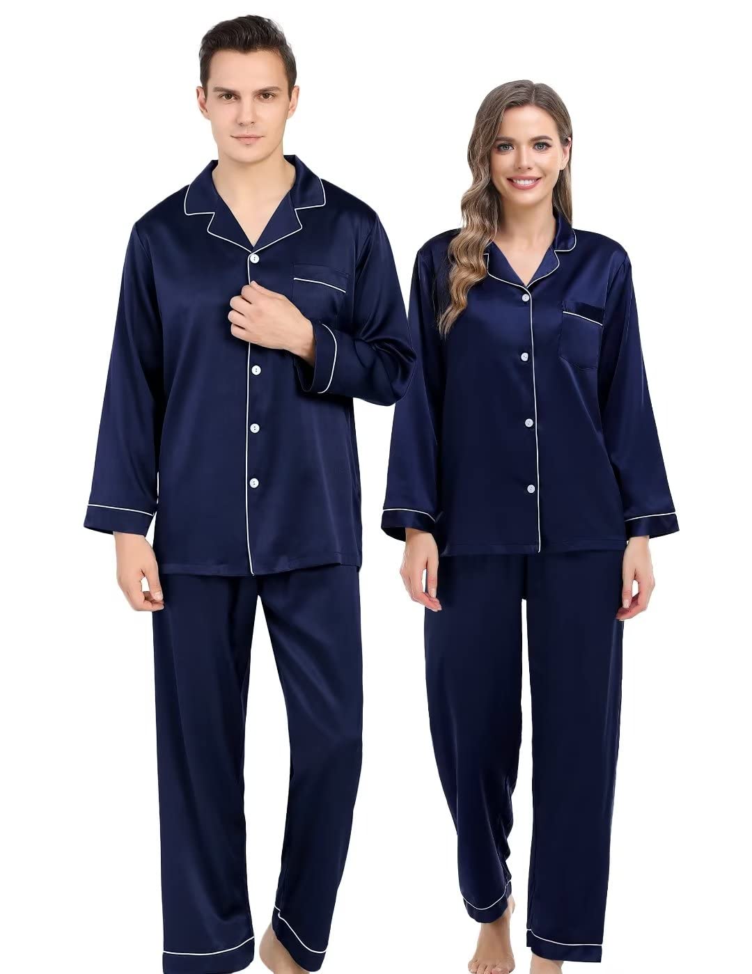 SWOMOG Couples Matching Pajamas Set Silk Satin Long Sleeve Sleepwear(men's and women's pajamas are sold separately)