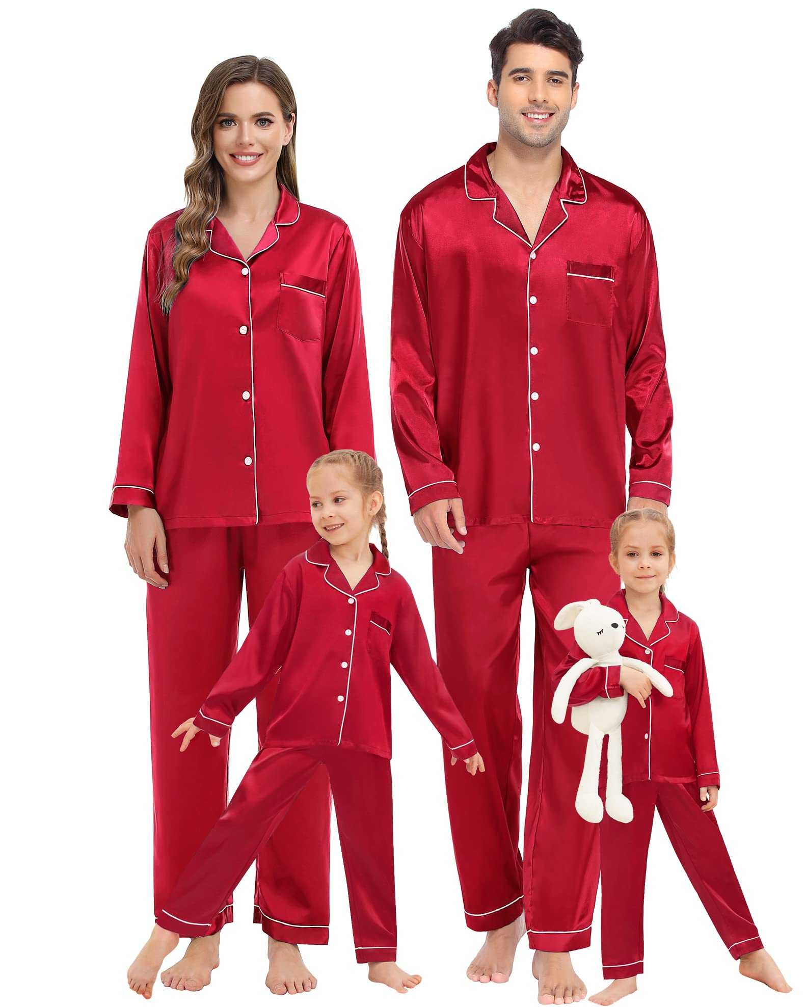 SWOMOG Family Matching Pajamas Set Silk Satin Button Down Sleepwear Long Sleeve Nightwear 2 Pcs Pj Set
