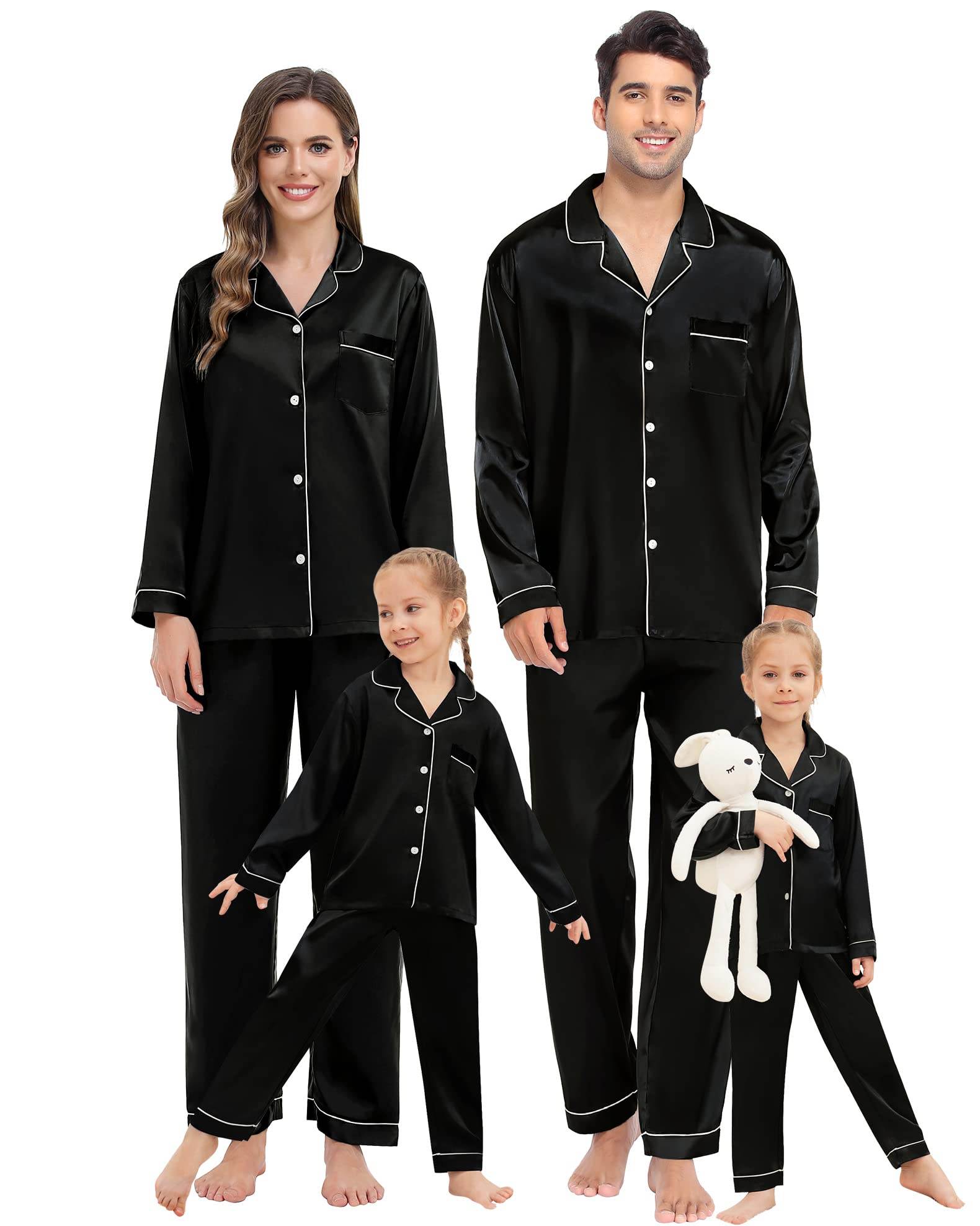 SWOMOG Family Matching Pajamas Set Silk Satin Button Down Sleepwear Long Sleeve Nightwear 2 Pcs Pj Set
