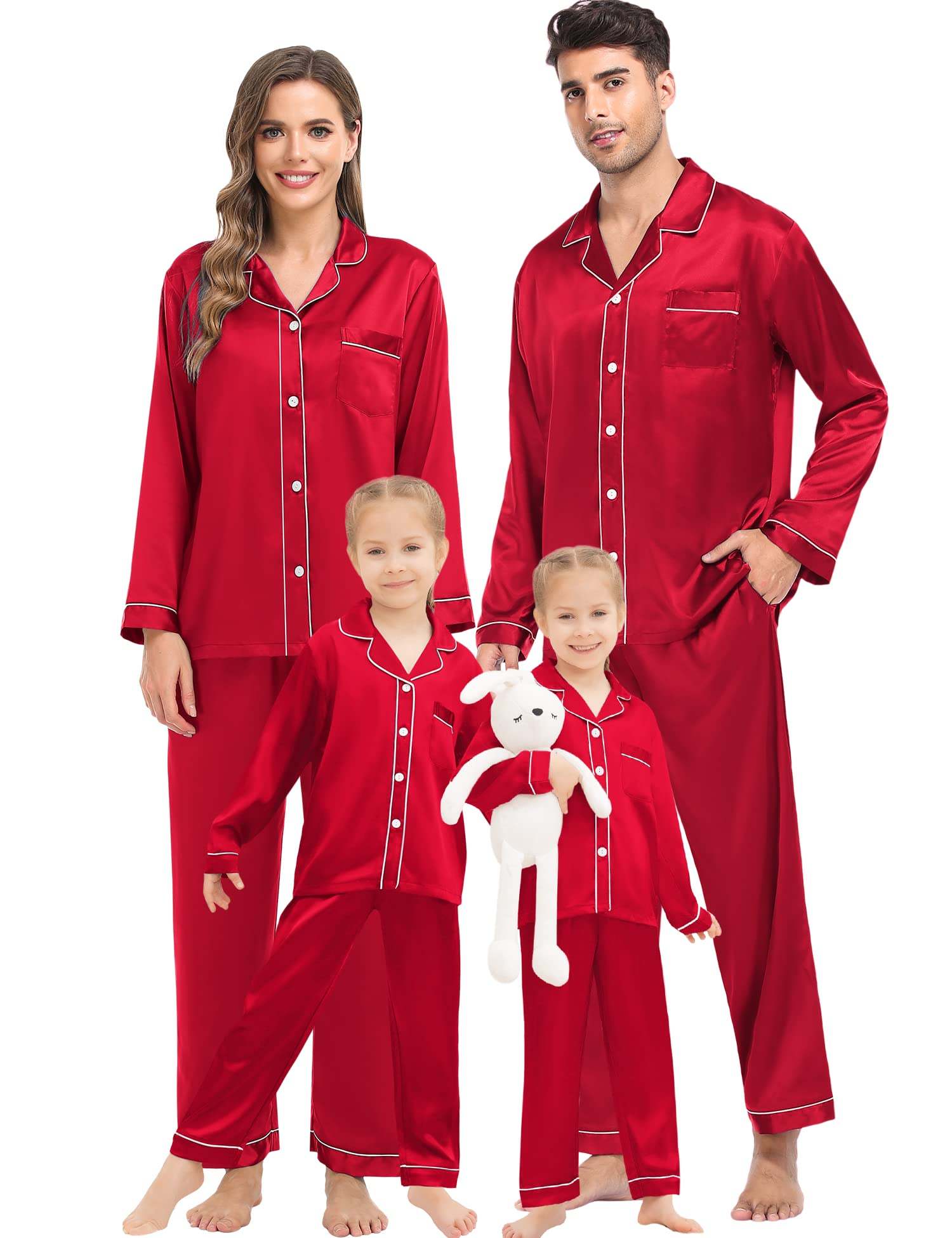 SWOMOG Family Matching Silk Pajamas Set Button Down 2Pcs Sleepwear Long Sleeve Silky Nightwear PJS Set
