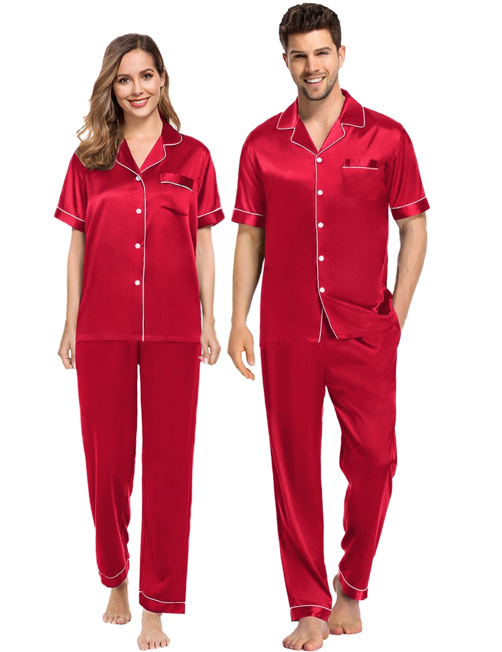 SWOMOG Couples Matching Pajamas Sets Silk Satin Short Sleeve Sleepwear Button Down Loungewear Pjs Set with Long Pants