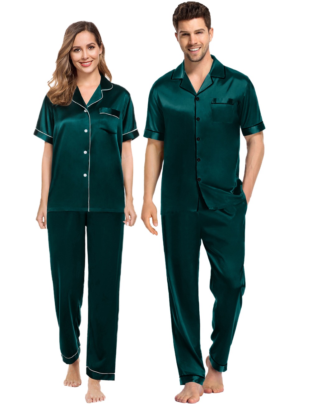 SWOMOG Couples Matching Pajamas Sets Silk Satin Short Sleeve Sleepwear Button Down Loungewear Pjs Set with Long Pants