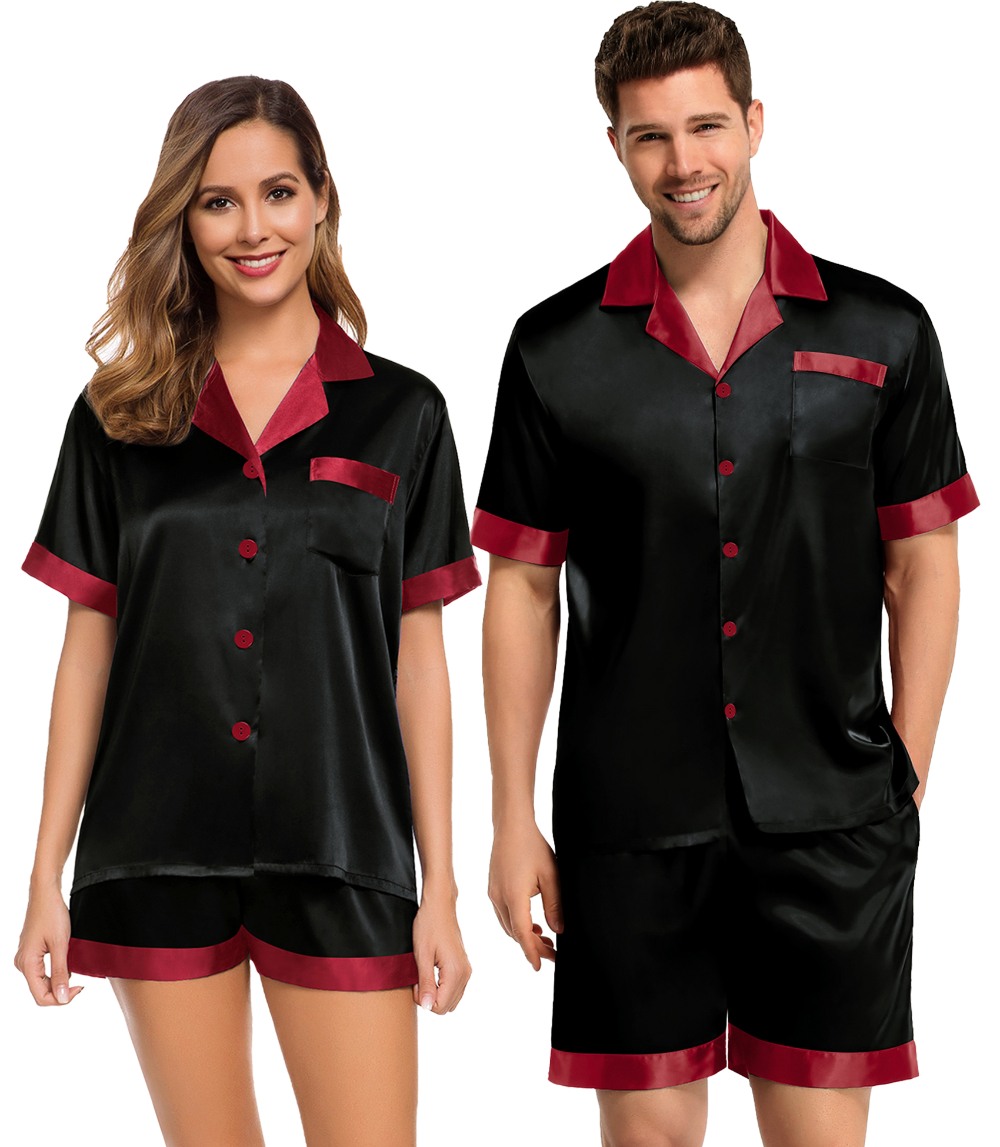 SWOMOG Couples Matching Pajama Set Silk Satin Short Sleeve Pjs Set Top and Shorts Sleepwear Soft Button-Down Loungewear