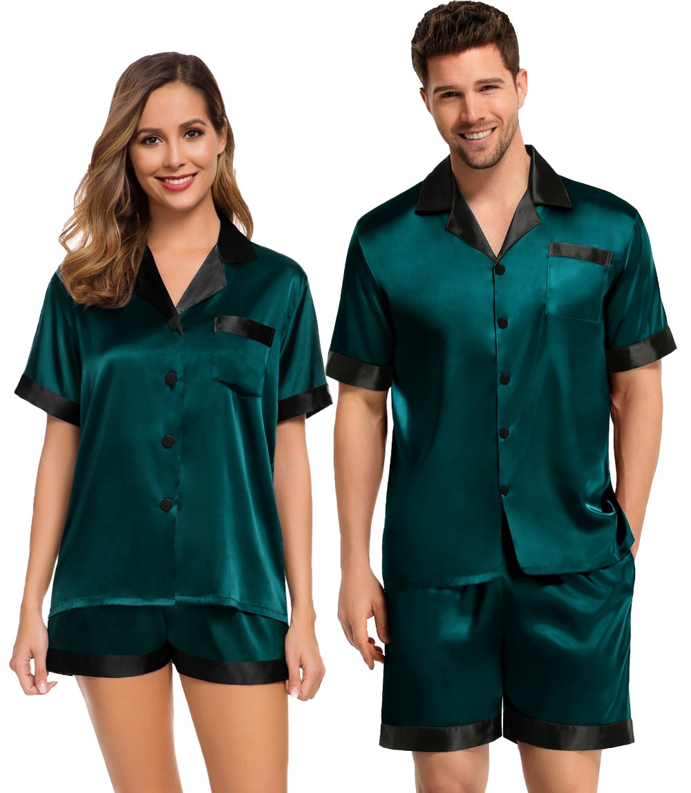 SWOMOG Couples Matching Pajama Set Silk Satin Short Sleeve Pjs Set Top and Shorts Sleepwear Soft Button-Down Loungewear