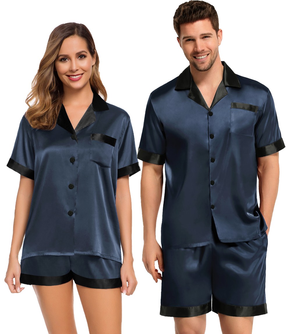 SWOMOG Couples Matching Pajama Set Silk Satin Short Sleeve Pjs Set Top and Shorts Sleepwear Soft Button-Down Loungewear