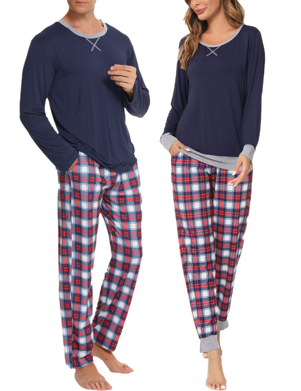 SWOMOG Men & Women & Kids Matching Pajama Sets for Family Couples Long Sleeve Sleepwear Plaid Striped Pants with Pockets