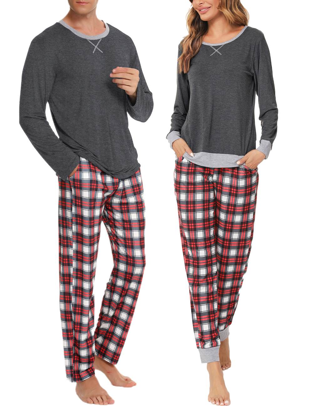 SWOMOG Men & Women & Kids Matching Pajama Sets for Family Couples Long Sleeve Sleepwear Plaid Striped Pants with Pockets