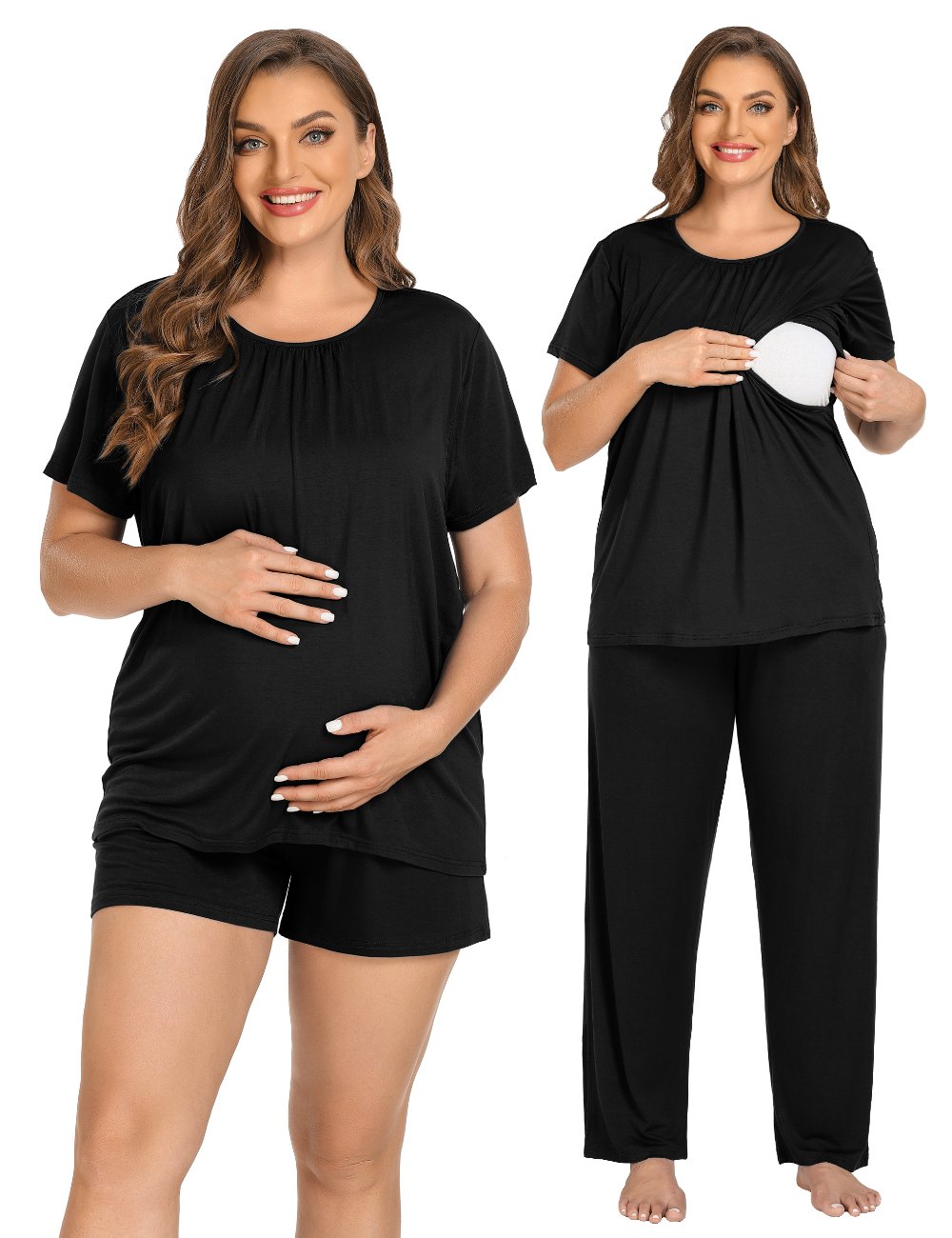 SWOMOG Women Maternity Pajamas Sets 3 Pcs Double Layer Short Sleeve Pregnancy Pjs Set Adjustable Breastfeeding Sleepwear
