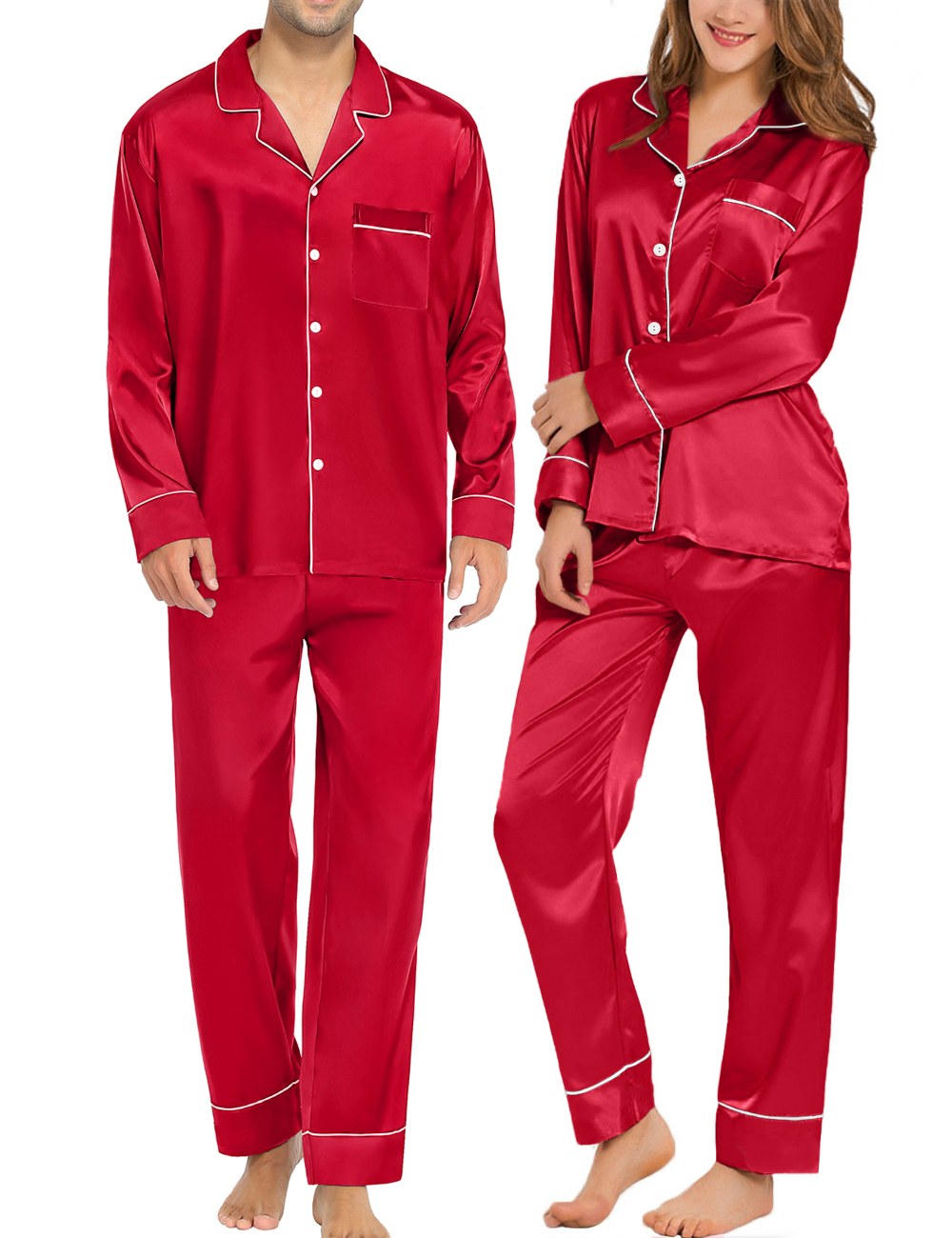 SWOMOG Couples Matching Pajamas Sets Silk Satin Long Sleeve Button Down Sleepwear 2 Pieces Classic Loungewear