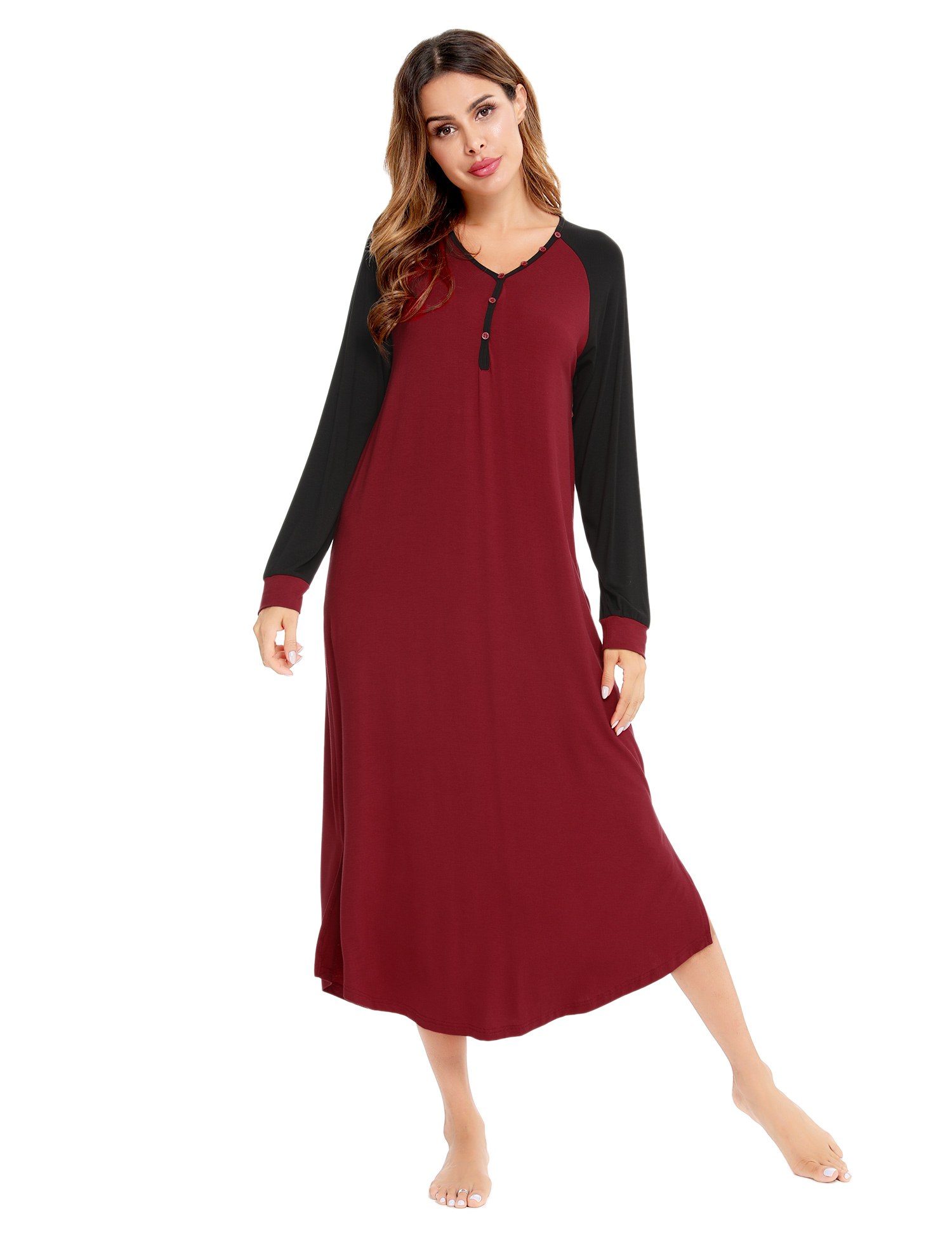 SWOMOG Women's Nightgowns Long Sleeve Nightshirt Full Length Sleepdress Soft Henley Sleep Shirt Housecoat