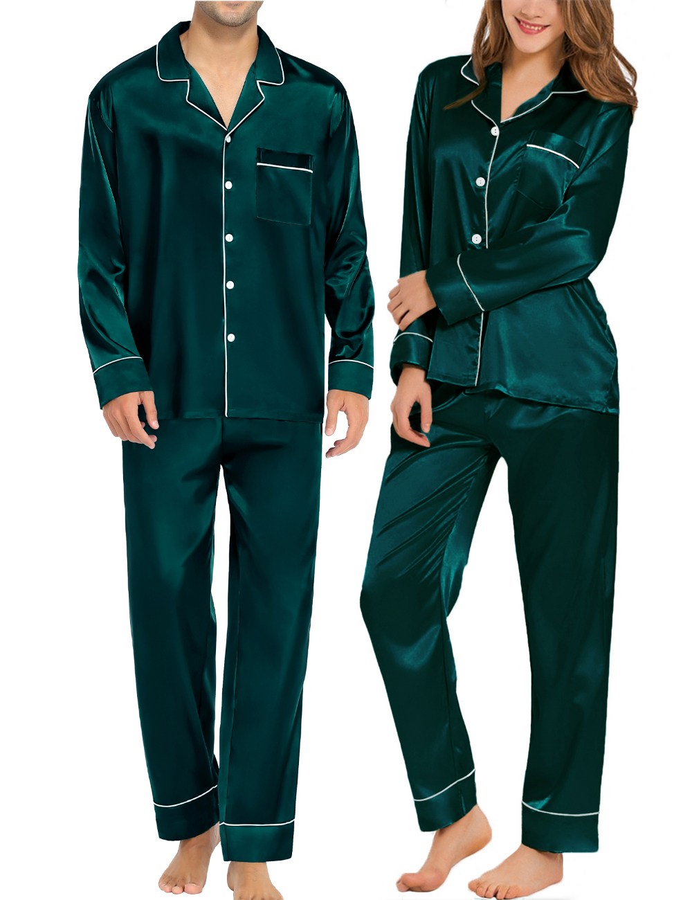 SWOMOG Couples Matching Pajamas Sets Silk Satin Long Sleeve Button Down Sleepwear 2 Pieces Classic Loungewear