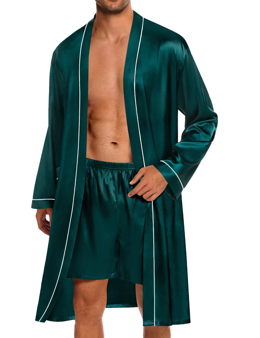 SWOMOG Mens Satin Robe with Shorts Set 2 PCS Kimono Bathrobe Long Sleeve Sleepwear Pjs Sets with Pockets