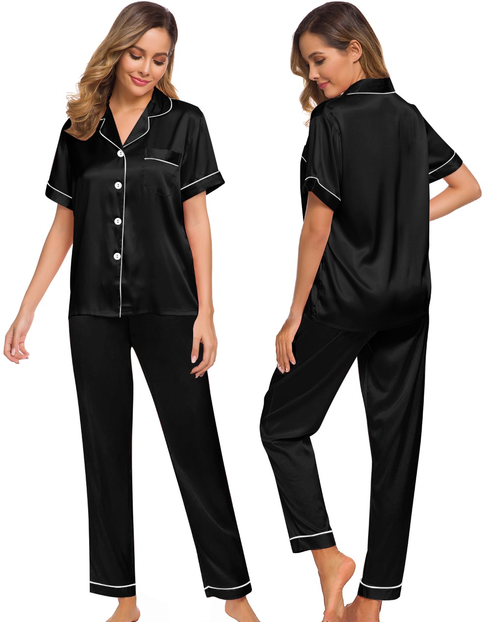 SWOMOG Womens Silk Satin Pajamas Loungewear Two-piece Sleepwear Button-Down Pj Set