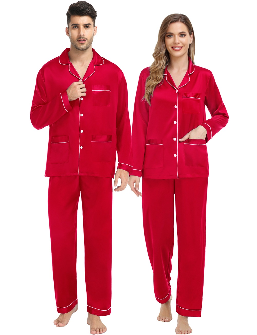 SWOMOG Couples Matching Pajamas Set Satin Long Sleeve Sleepwear Soft Button Down Pj Set Silk Loungewear