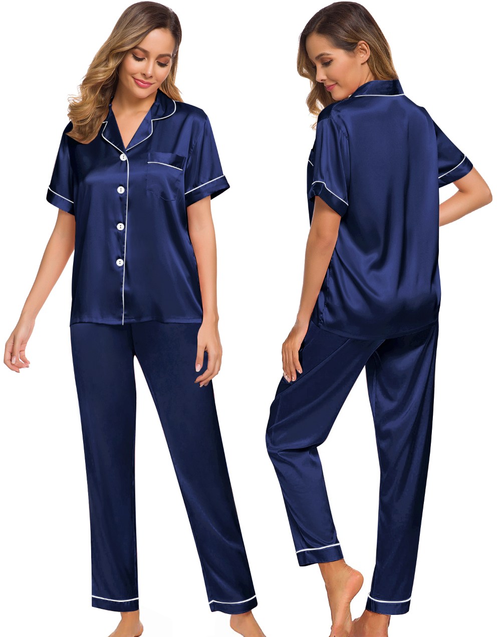 SWOMOG Womens Silk Satin Pajamas Loungewear Two-piece Sleepwear Button-Down Pj Set