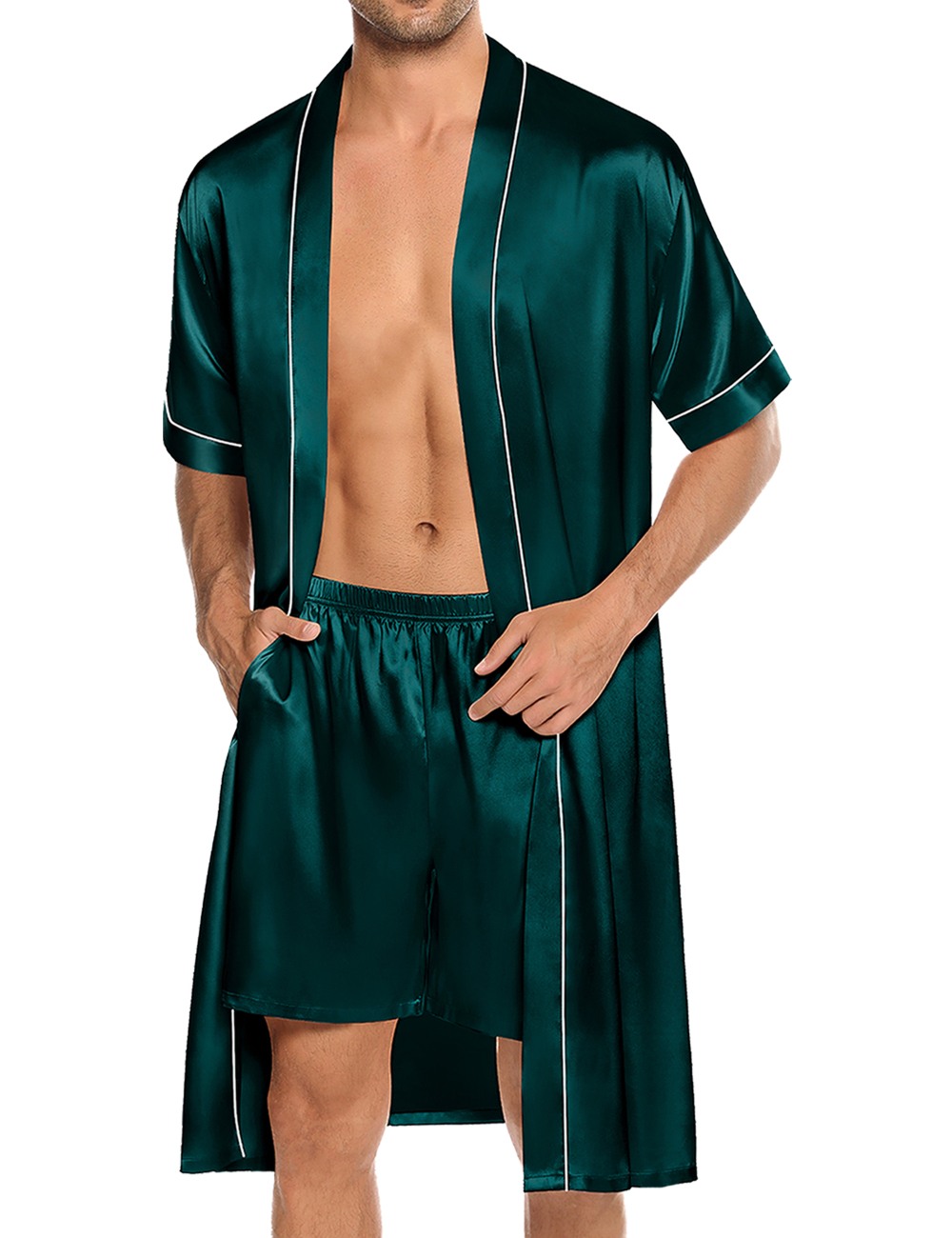 SWOMOG Mens Silk Satin Robe with Shorts Set 2PCS Short Sleeve Kimono Bathrobe Soft Sleepwear Pjs Sets with Pockets