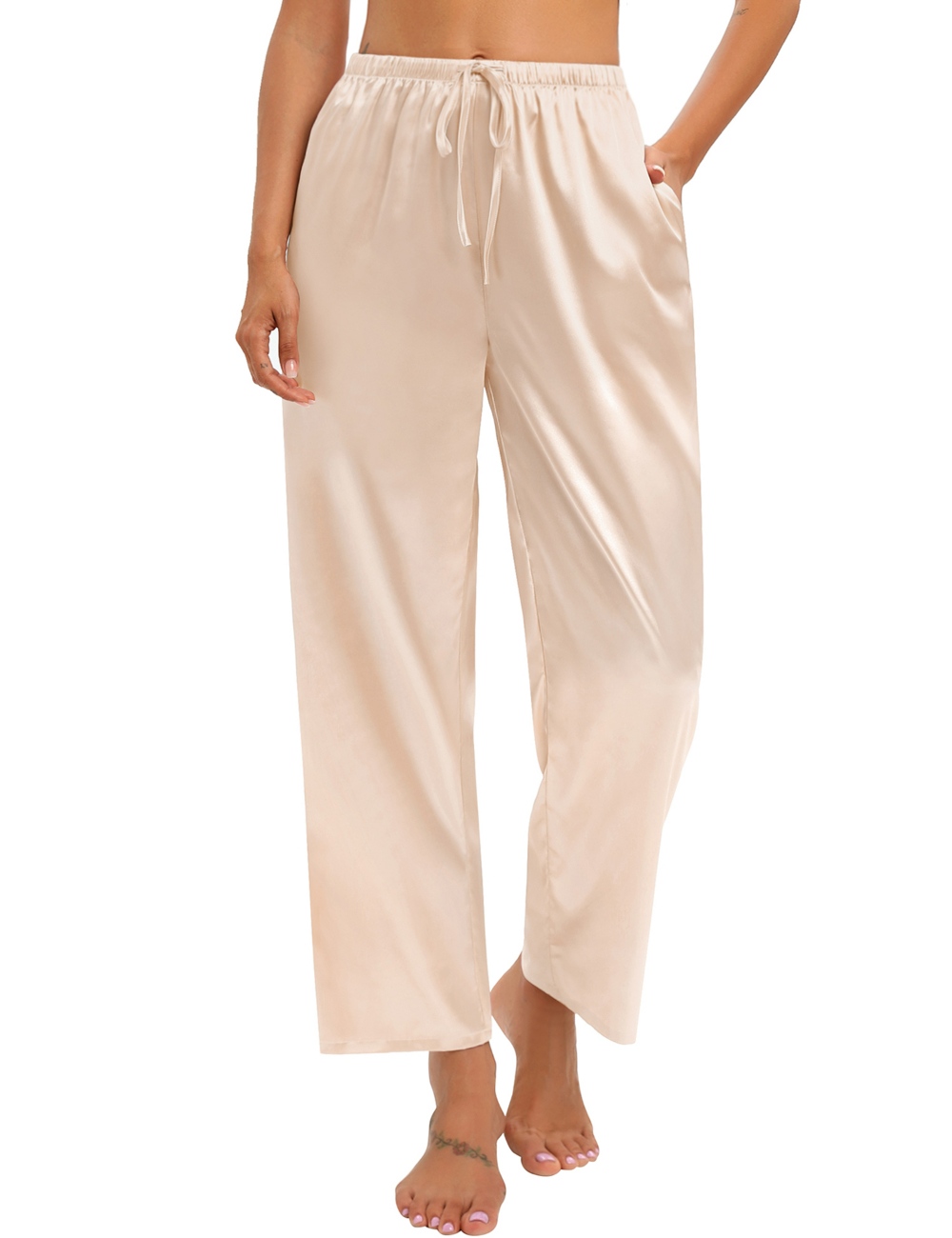 SWOMOG Women's Silk Satin Pajama Pants Soft Long Lounge Pant Drawstring Trousers Casual Sleepwear Pj Bottoms with Pockets