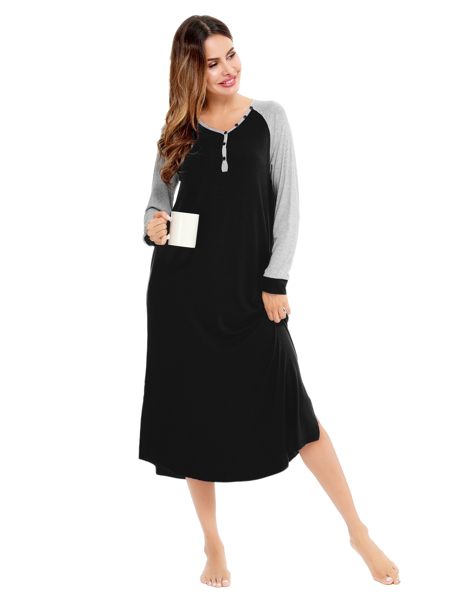 SWOMOG Women's Nightgowns Long Sleeve Nightshirt Full Length Sleepdress Soft Henley Sleep Shirt Housecoat