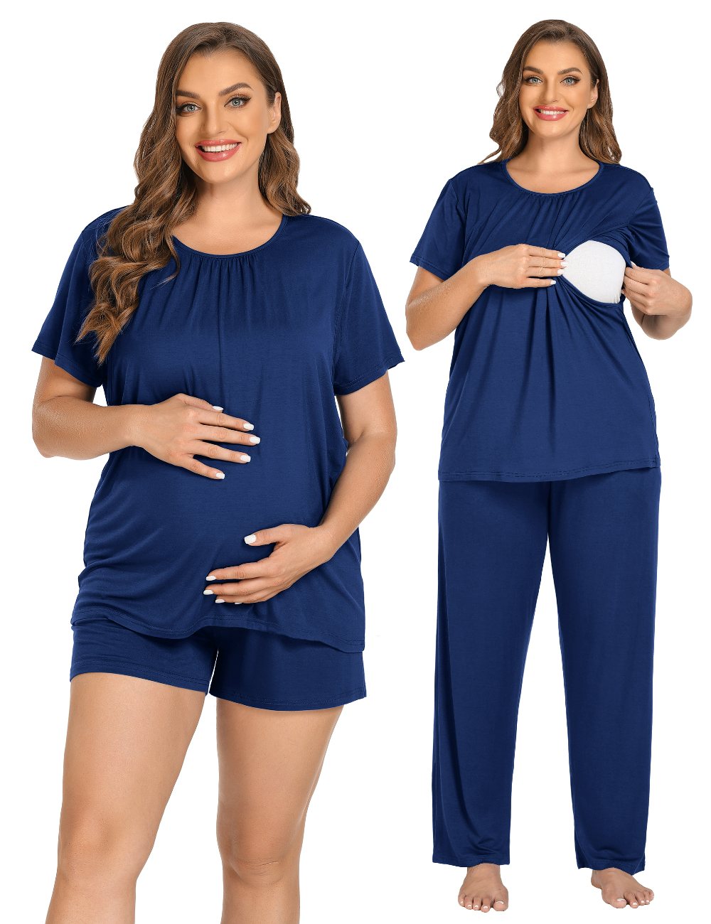 SWOMOG Women Maternity Pajamas Sets 3 Pcs Double Layer Short Sleeve Pregnancy Pjs Set Adjustable Breastfeeding Sleepwear
