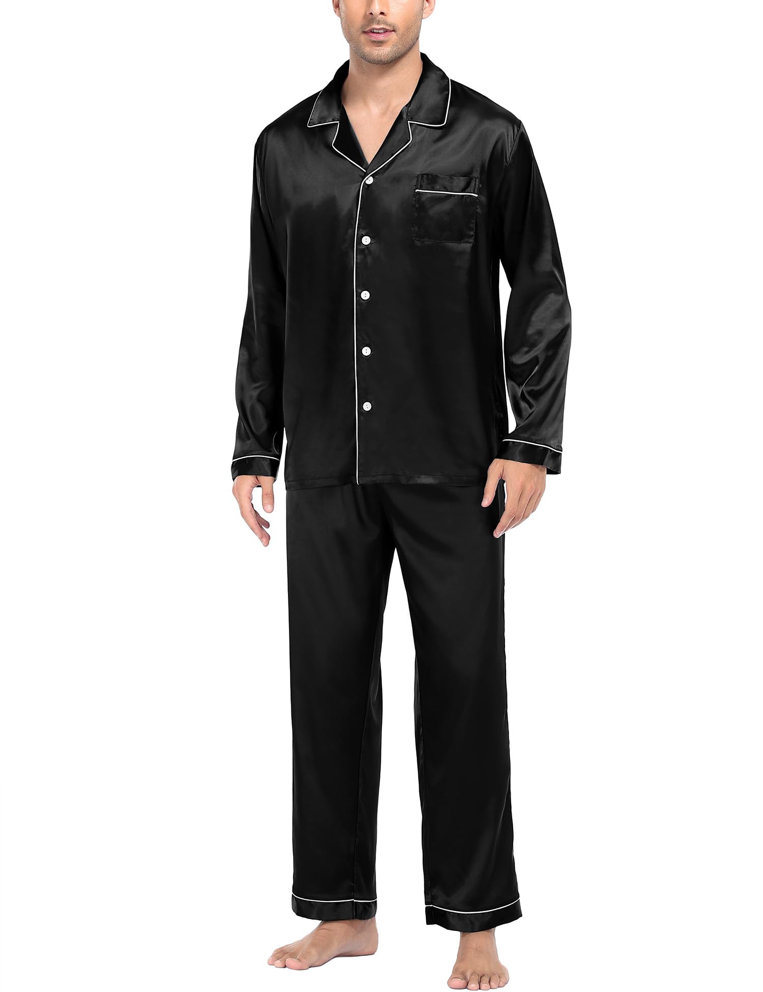 SWOMOG Mens Silk Satin Pajamas Long Sleeve Loungewear Two-piece Sleepwear Button-Down Pj Set