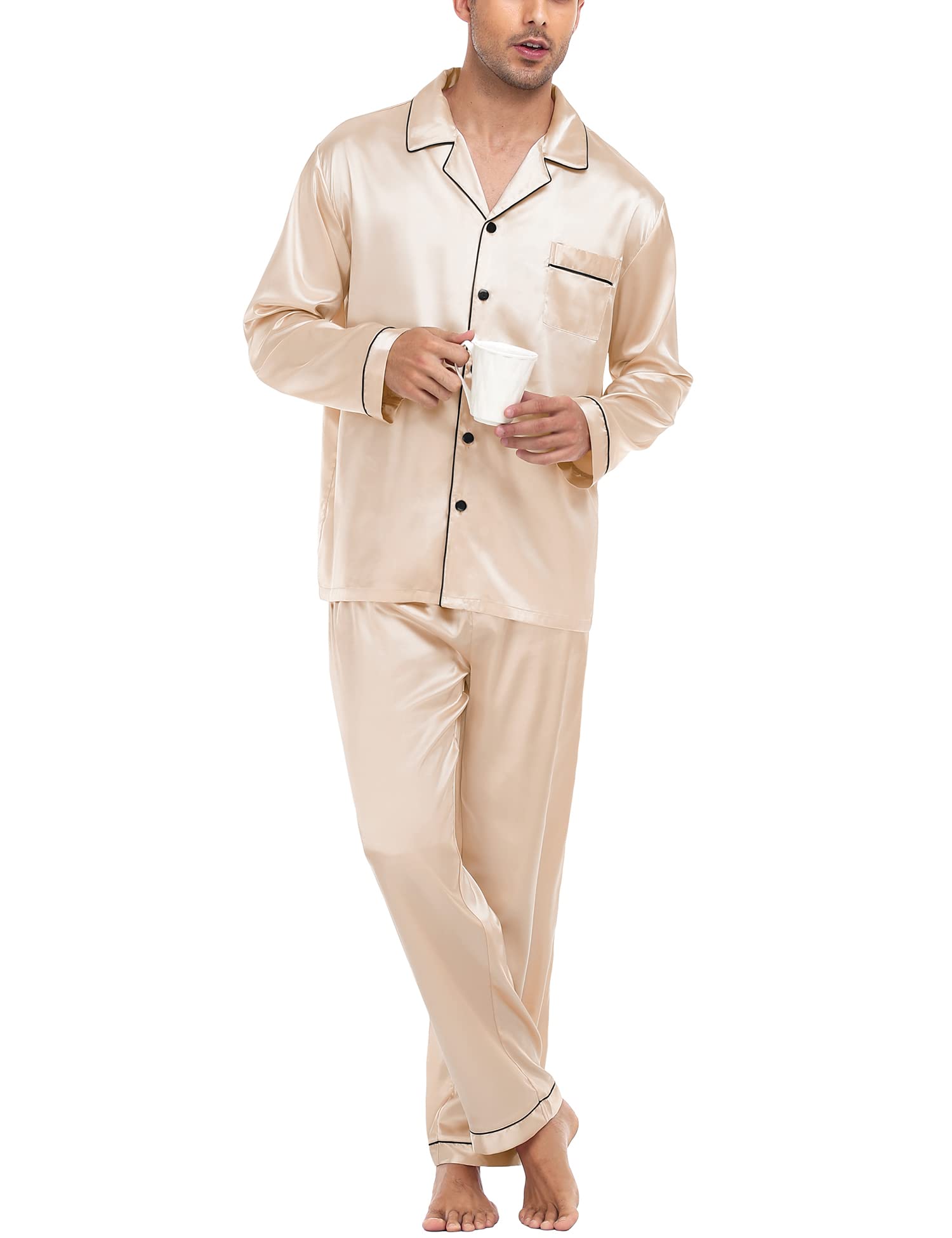 SWOMOG Mens Silk Satin Pajamas Long Sleeve Loungewear Two-piece Sleepwear Button-Down Pj Set