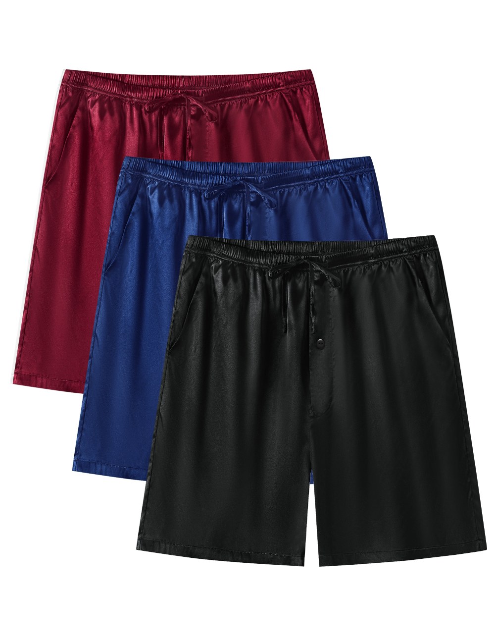 SWOMOG Men's 3 Pack Satin Pajama Shorts Silk Pajama Boxer Lounge Sleep Bottoms Button Fly with Pockets & Drawstring