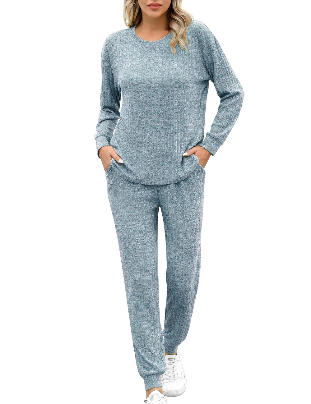 SWOMOG Lounge Sets for Women 2 Piece Outfits Sweatpants Ribbed Knit Long Sleeve Loungewear Pajama Set with Pockets