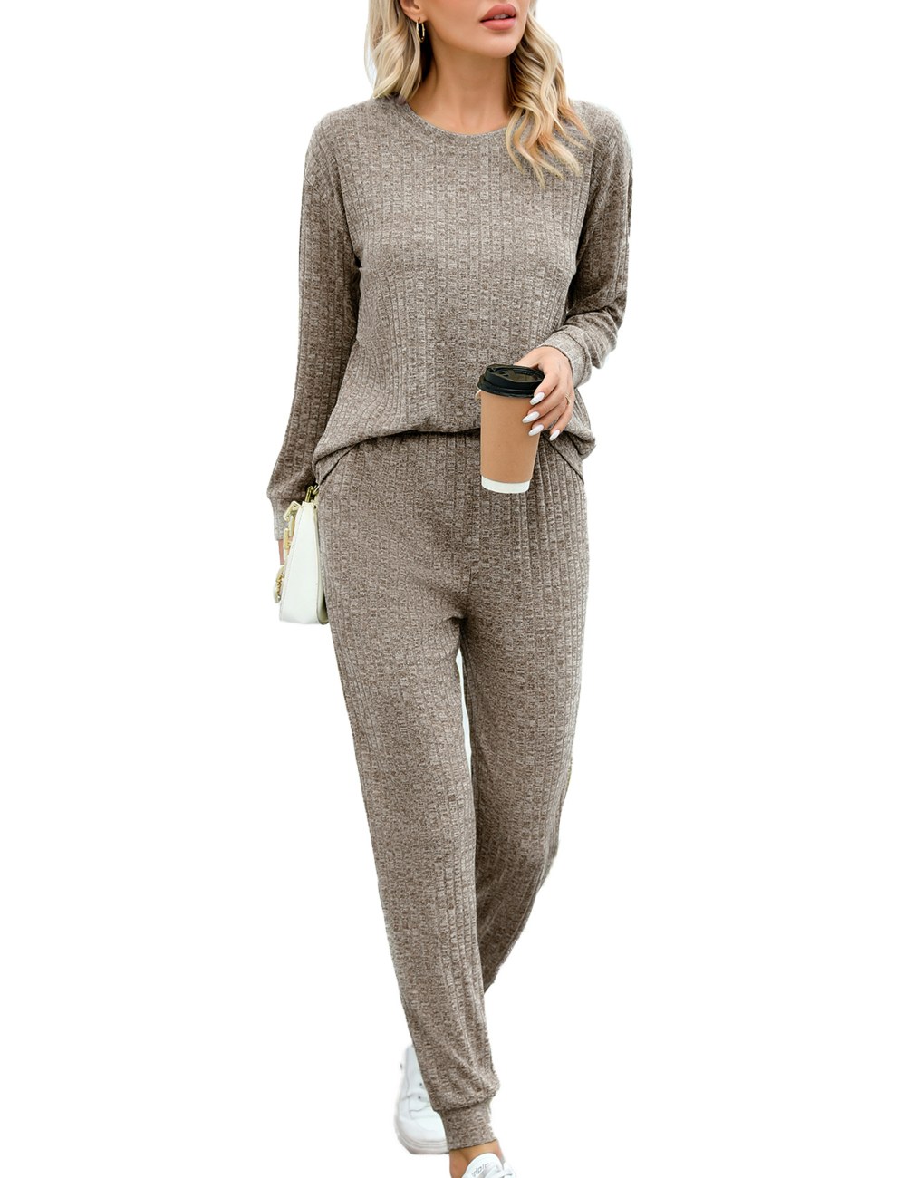 SWOMOG Lounge Sets for Women 2 Piece Outfits Sweatpants Ribbed Knit Long Sleeve Loungewear Pajama Set with Pockets