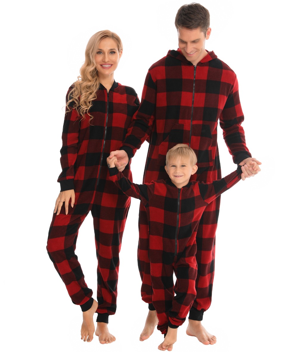 SWOMOG Matching Family Christmas One Piece Pajamas Fleece One-piece Parent-Child Zip-up Jumpsuit with Pockets Pjs