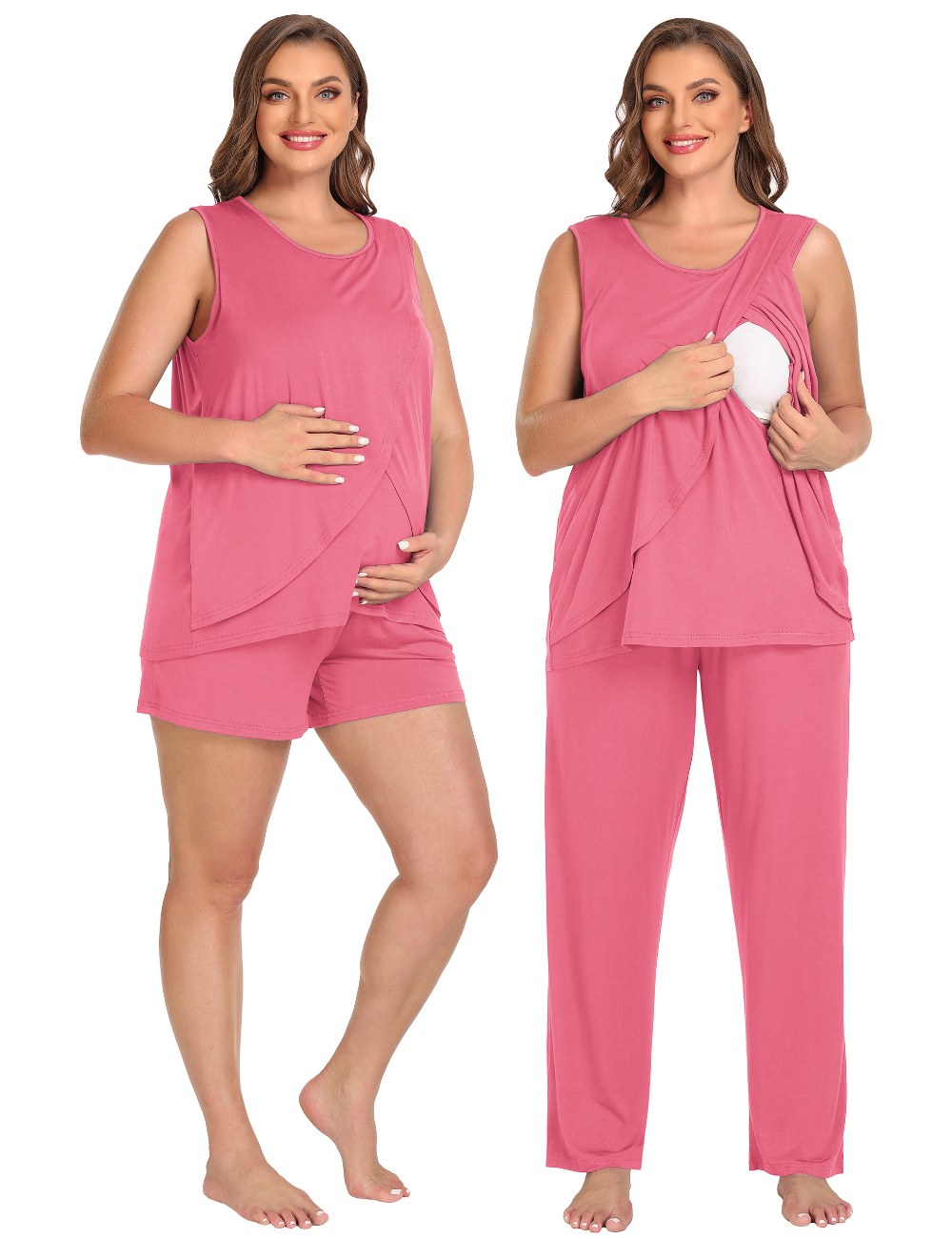 SWOMOG Women Maternity Pajama Set 3Pcs Nursing Pjs Sleeveless Pregnancy Set Breastfeeding Pjs Double Layer with Pockets