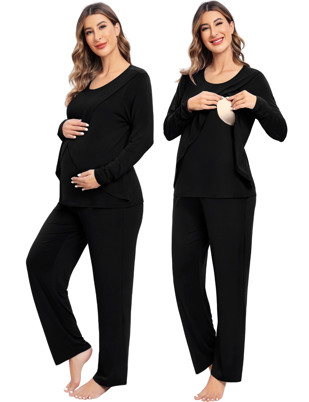 SWOMOG Women Maternity Pajama Set Nursing Pjs Double Layer Long Sleeve Top & Pants Pregnancy Set Breastfeeding Pj with Pocket