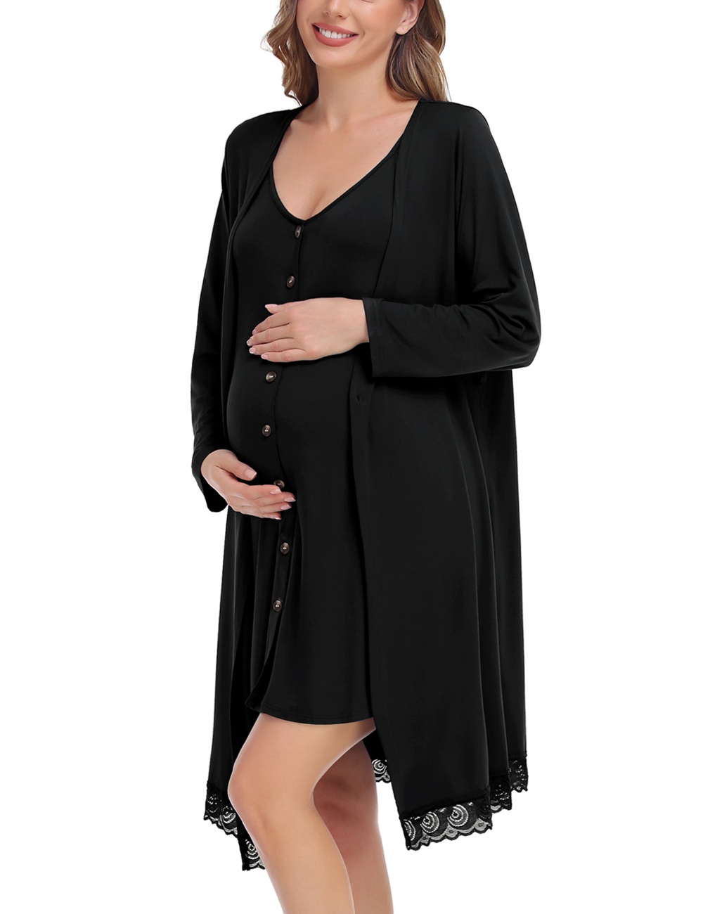 SWOMOG Womens Maternity Nursing Nightgown and Lace Robe Set 3 in 1 Labor Delivery Button Down Nursing Dress 2 Piece Sleepwear