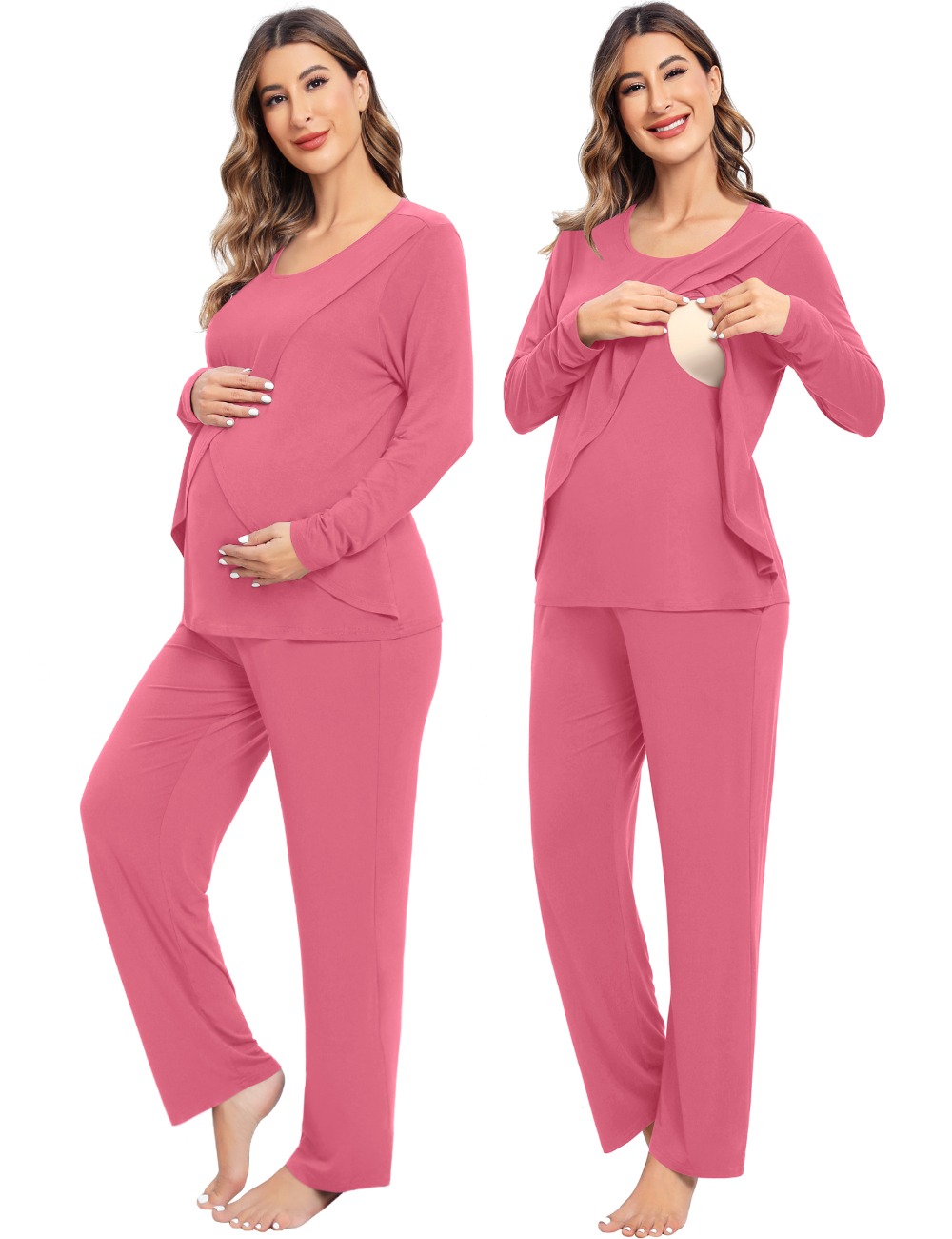 SWOMOG Women Maternity Pajama Set Nursing Pjs Double Layer Long Sleeve Top & Pants Pregnancy Set Breastfeeding Pj with Pocket