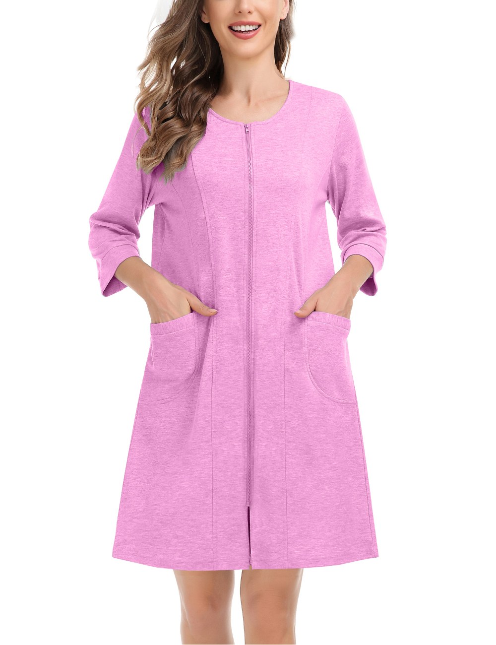 SWOMOG Women Zip Up Robe 3/4 Sleeve Housecoat Soft Cotton Zipper Front Nightgown Loungewear with Pockets