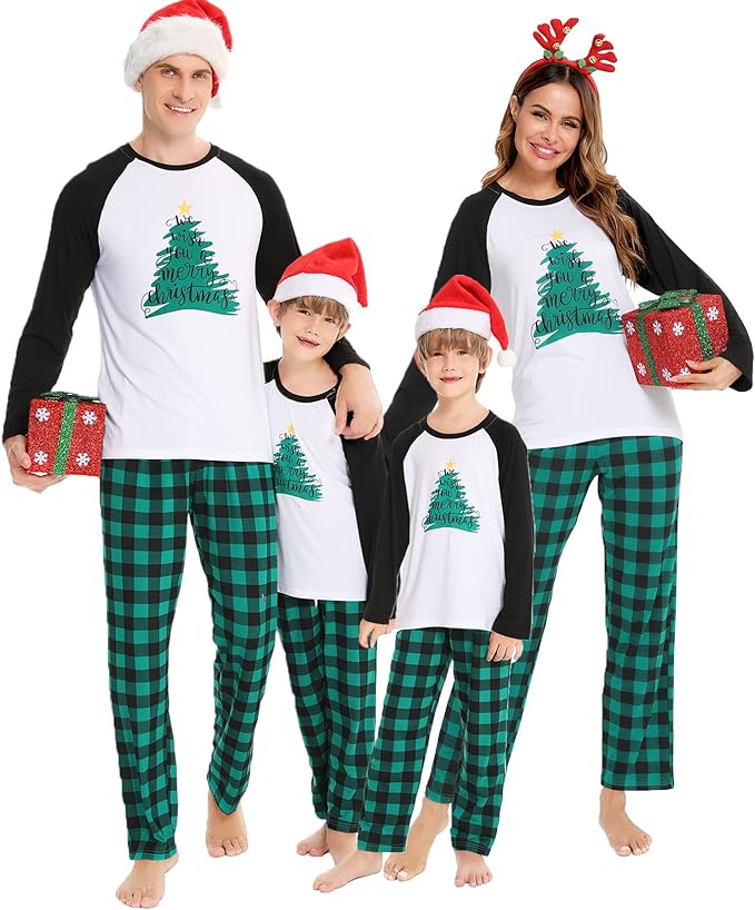 SWOMOG Matching Family Christmas Pajamas Printed Long Sleeve Tee and Plaid Pants Loungewear