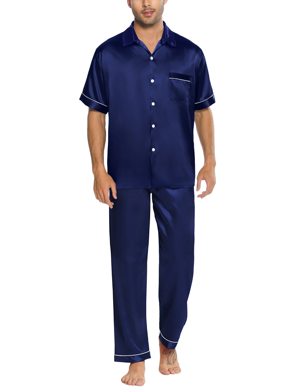 SWOMOG Silk Satin Pajama for Men Soft Button Down Sleepwear 2 Piece Pj Set Short Sleeve Nightwear with Long Pants