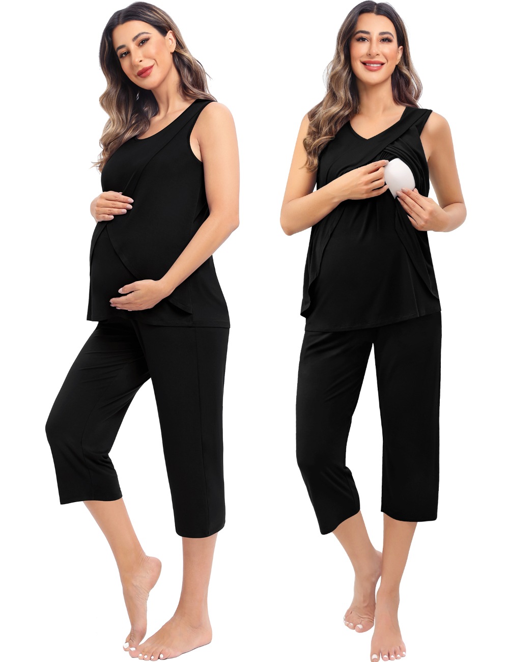 SWOMOG Women Maternity Pajama Set Nursing Pjs Double Layer Sleeveless Top Capri Pregnancy Set Breastfeeding Pjs with Pockets