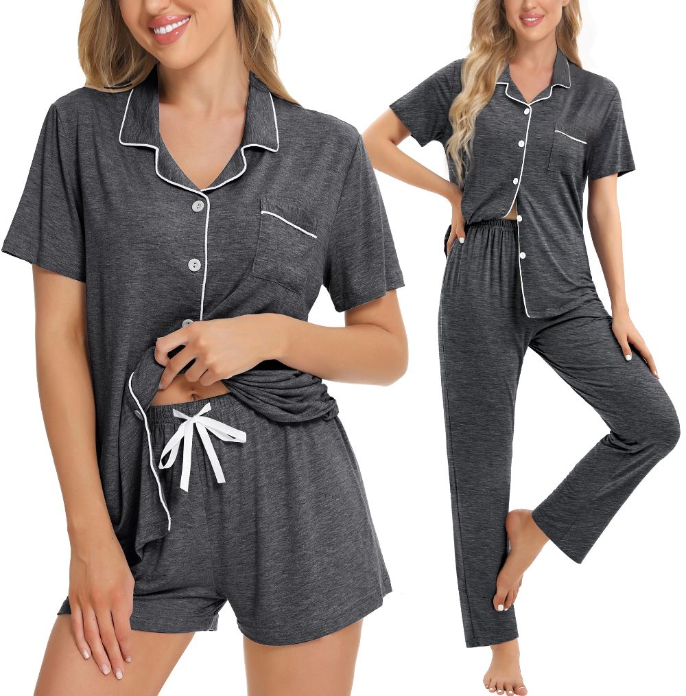 SWOMOG Womens 3pcs Button Down Pajamas Set Short Sleeve Sleepwear Bride Soft Pj Lounge Sets with Long Pants