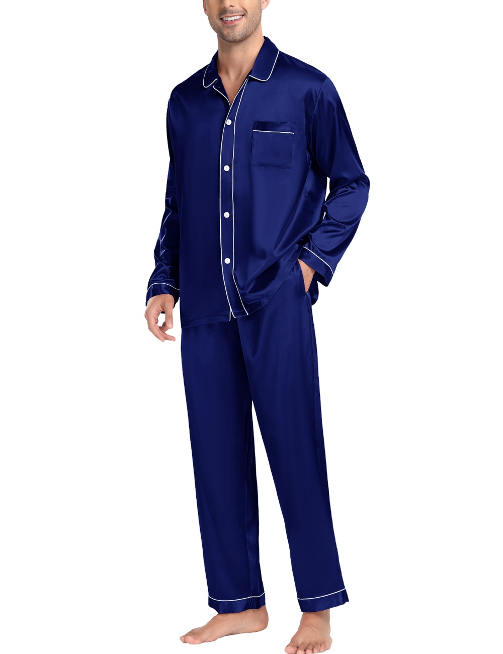 SWOMOG Men Silk Satin Pajamas Set 2PCS Nightwear Long Sleeve & Pants Sleepwear Button Down Pj Set Loungewear with Pocket