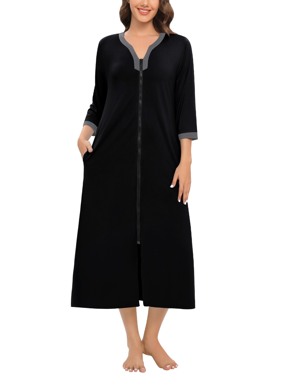 SWOMOG Women Zipper Robes 3/4 Sleeves Housecoat Zip Up Bathrobes Full Length Nightgown Loungewear with Pockets