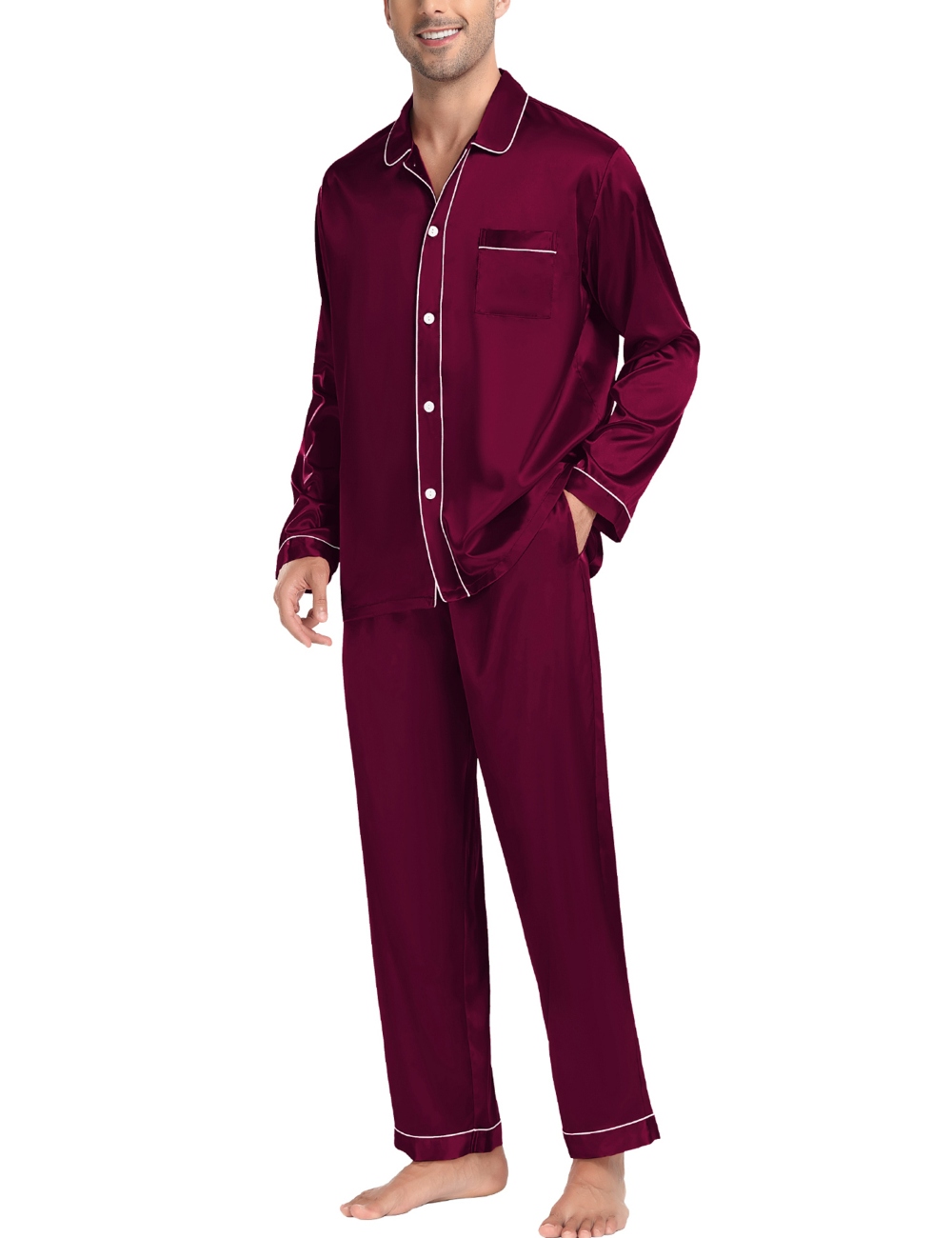 SWOMOG Men Silk Satin Pajamas Set 2PCS Nightwear Long Sleeve & Pants Sleepwear Button Down Pj Set Loungewear with Pocket