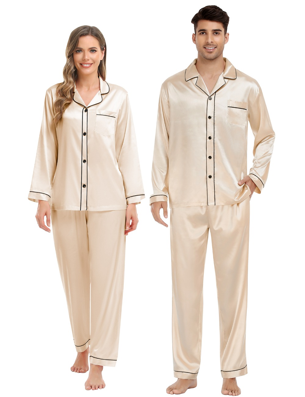 SWOMOG Couples Silk Satin Pajamas Sets Long Sleeve Sleepwear 2-Piece Pjs Set Button-Down Loungewear Comfy Nightwear