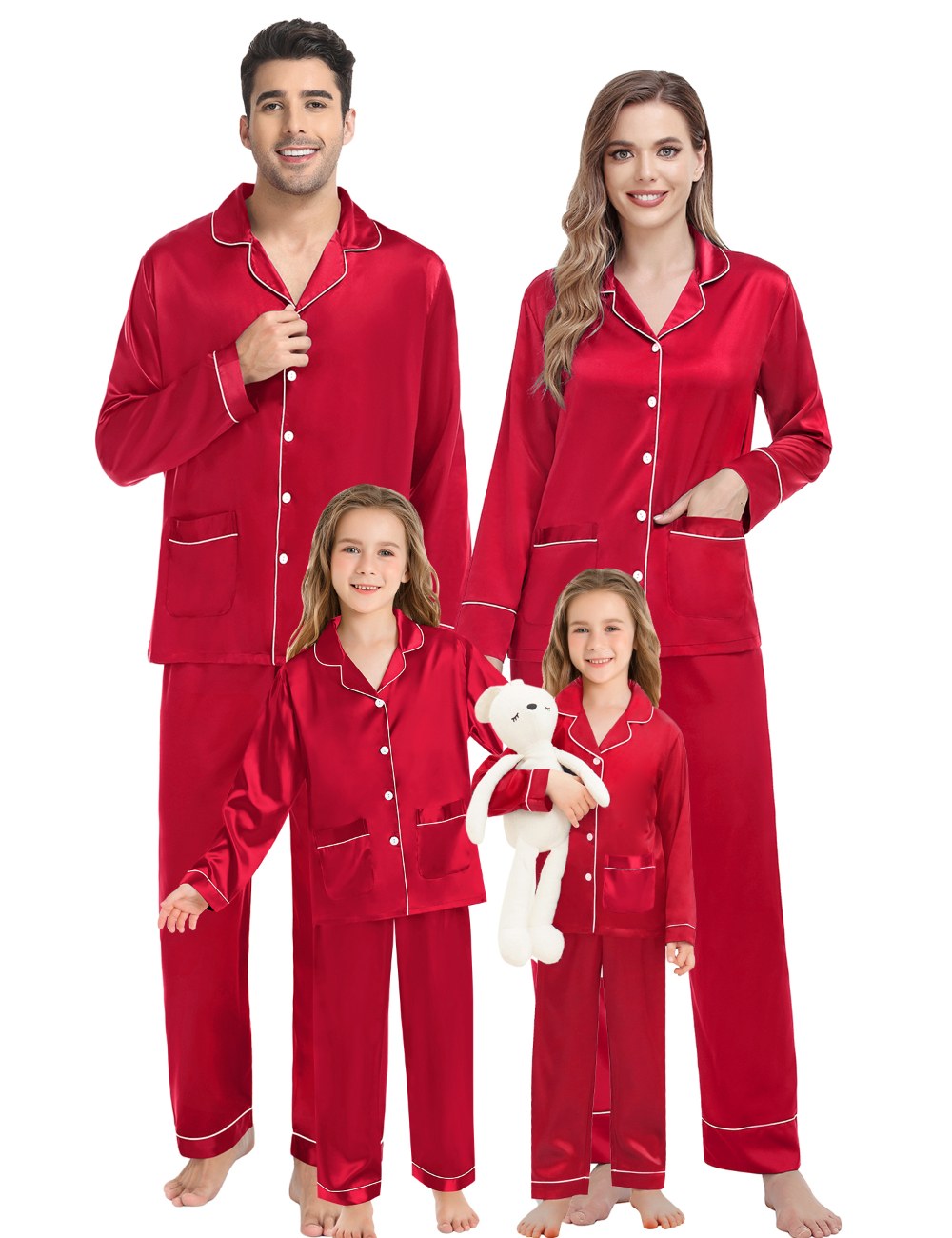 SWOMOG Family Matching Satin Pajamas Sets Silk Pjs Set with 2 Pockets Long Sleeve Button Down Sleepwear Loungewear